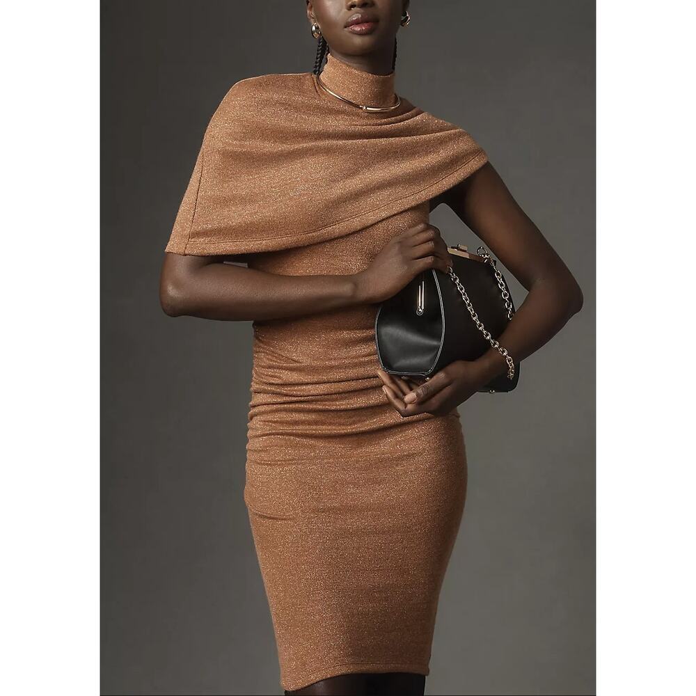 Black Halo Elenor Cape Ruched Shimmer Bodycon Dress Sephia Sparkle Siz Small NWT